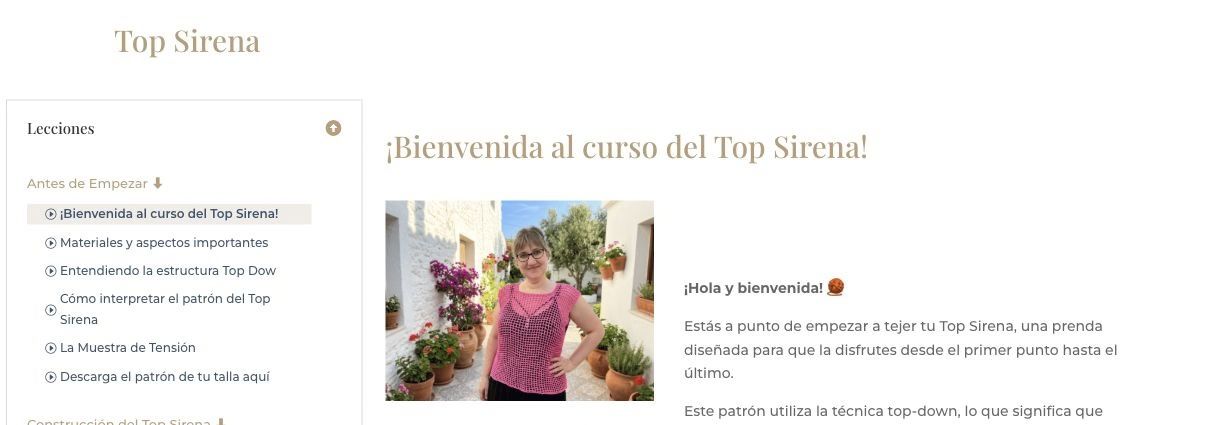 Captura real del curso Top Sirena, con la bienvenida y el índice de lecciones.